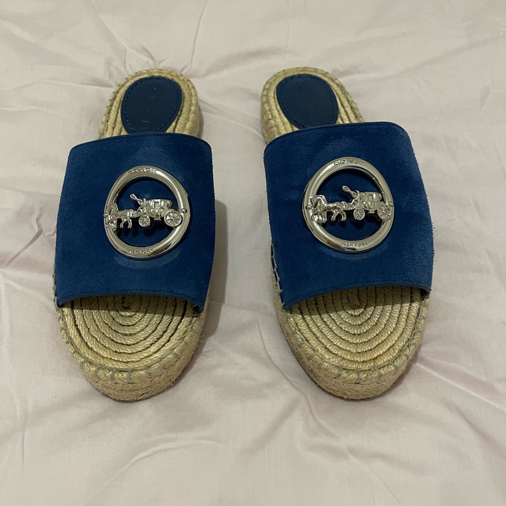 Blue Suede Slide Espadrille with Silver Horsebit Emblem
